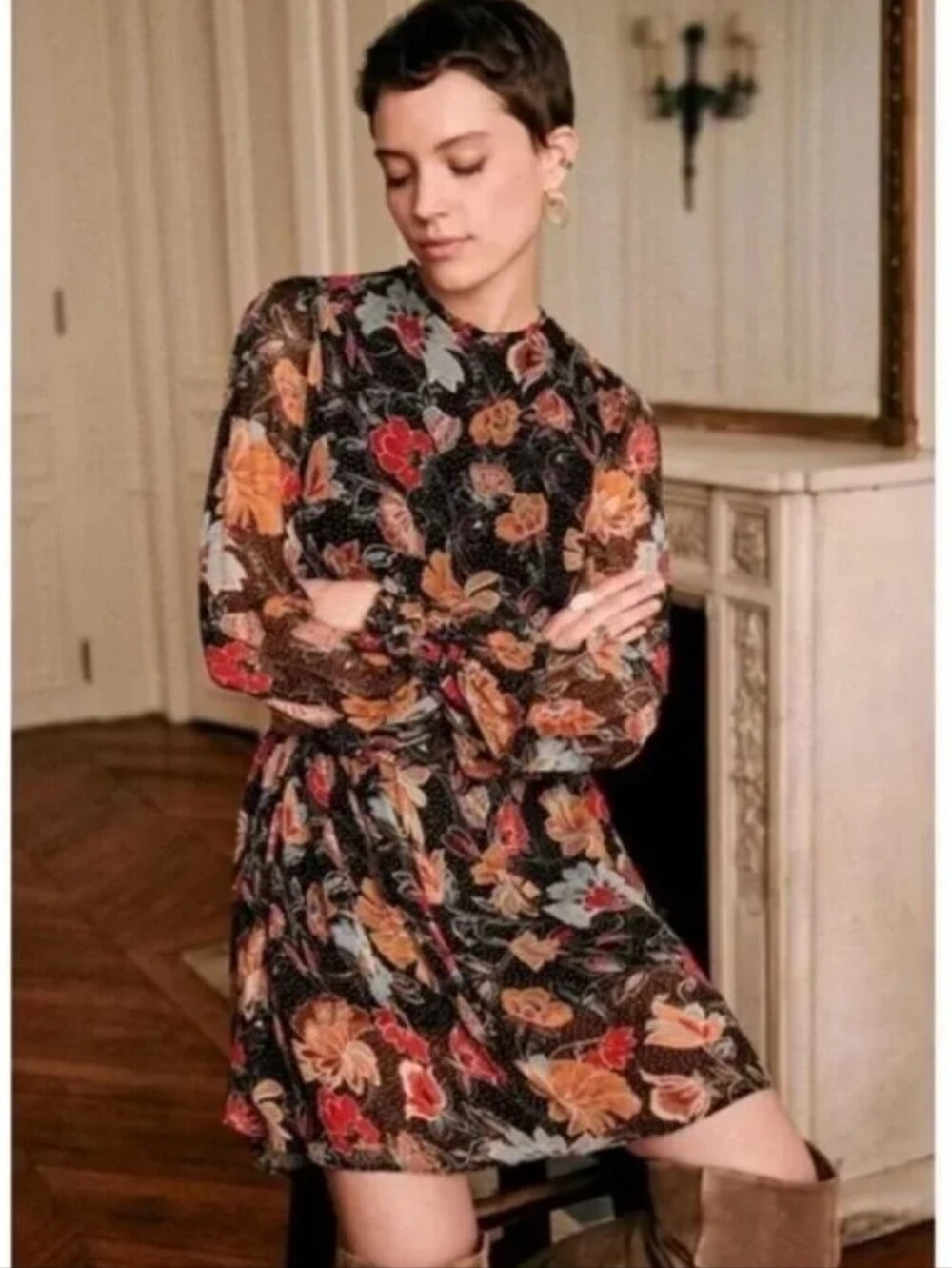 Sezane Black Floral Long-Sleeve Dress with Red and Yellow Blooms - Picture 2 of 13